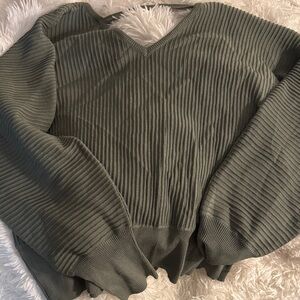 Olive Ribbed V-Neck Sweater